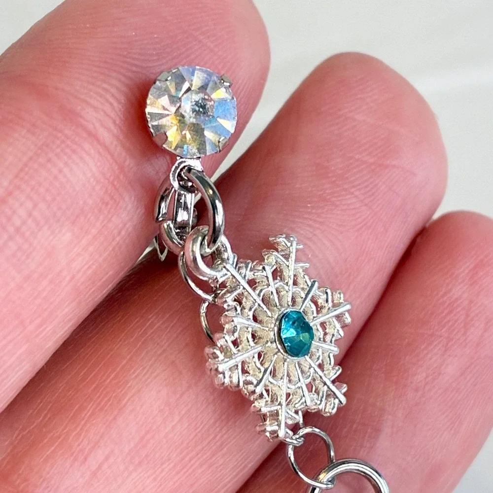 Snowflake Clip On Earrings Kids Blue Bead Dangle Rhinestone Winter Jewelry
